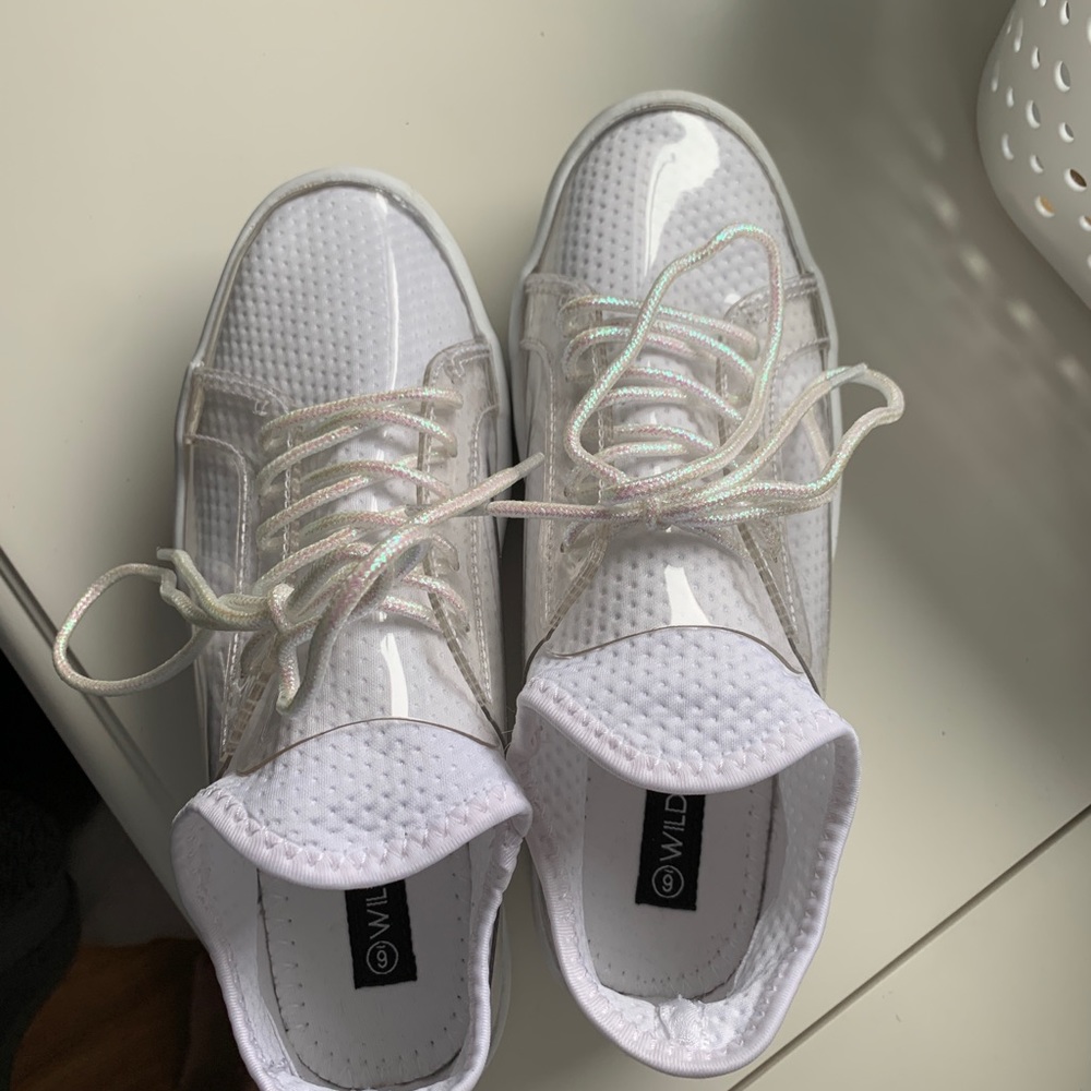 white platform sneakers with glitter laces